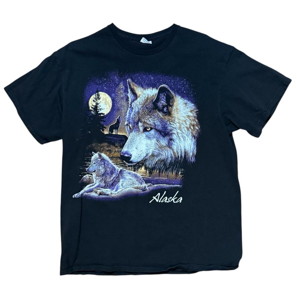 VTG Y2K Delta Pro Weight Alaska T-Shirt Mens Black Wolves Moon Graphic Print M - Picture 2 of 5